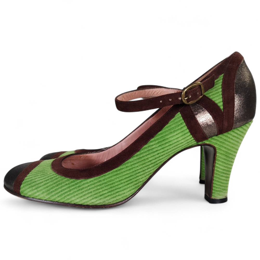 Marc Jacobs Mary Jane Heels 39.5 Green Corduroy Brown Suede Metallic Toe Italy - Picture 9 of 12